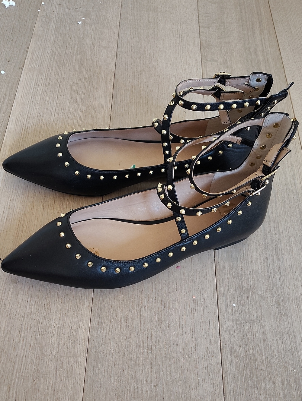 Studded Black Pointed Ankle-Strap Flats